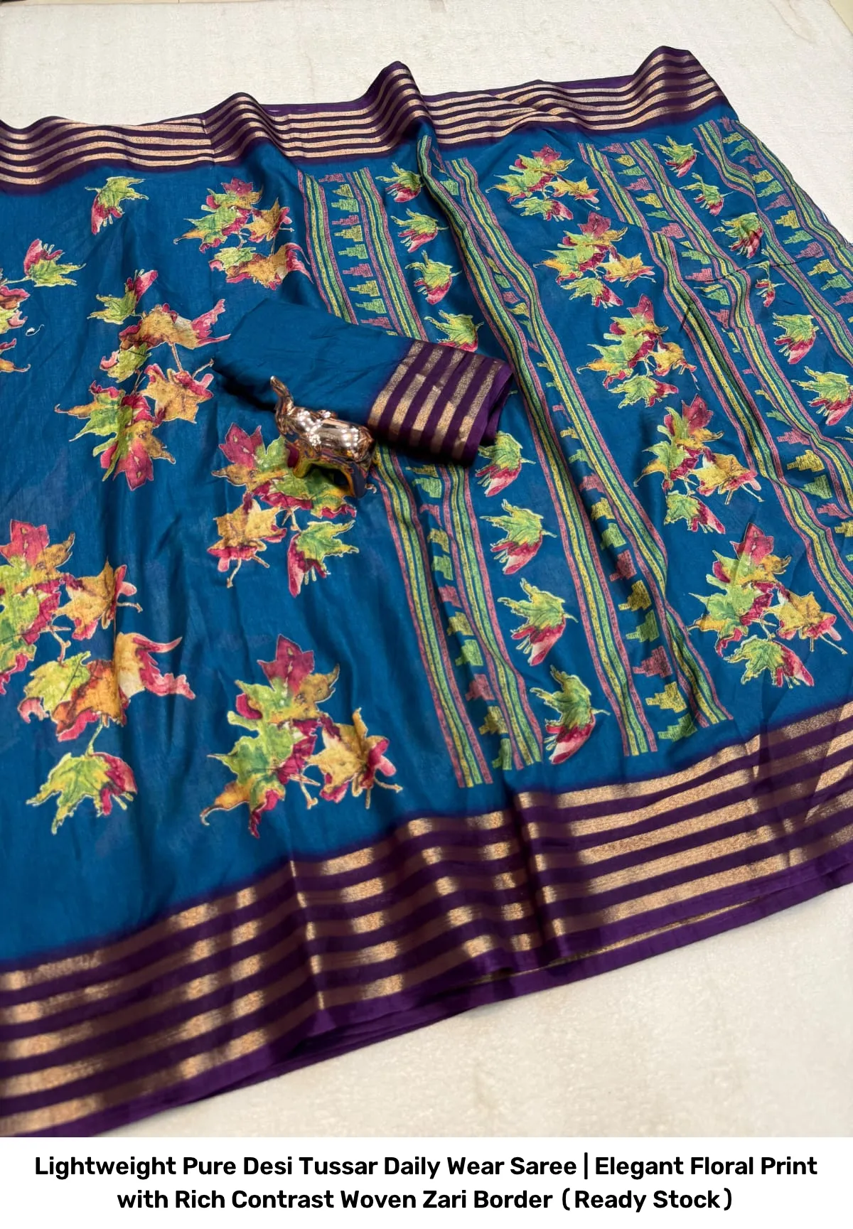 Lightweight Pure Desi Tussar Daily Wear Saree | Elegant Floral Print with Rich Contrast Woven Zari Border (Ready Stock) 4
