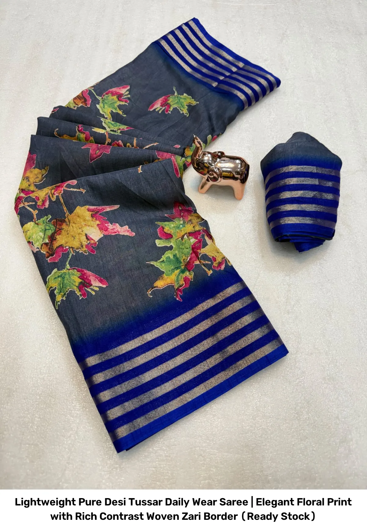 Lightweight Pure Desi Tussar Daily Wear Saree | Elegant Floral Print with Rich Contrast Woven Zari Border (Ready Stock) 5