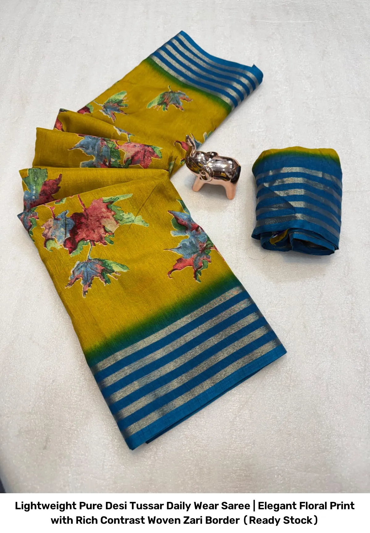 Lightweight Pure Desi Tussar Daily Wear Saree | Elegant Floral Print with Rich Contrast Woven Zari Border (Ready Stock) 6