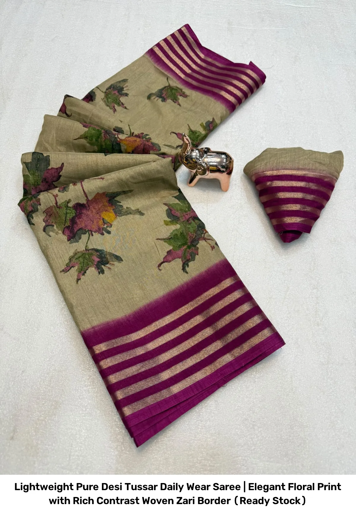 Lightweight Pure Desi Tussar Daily Wear Saree | Elegant Floral Print with Rich Contrast Woven Zari Border (Ready Stock) 7
