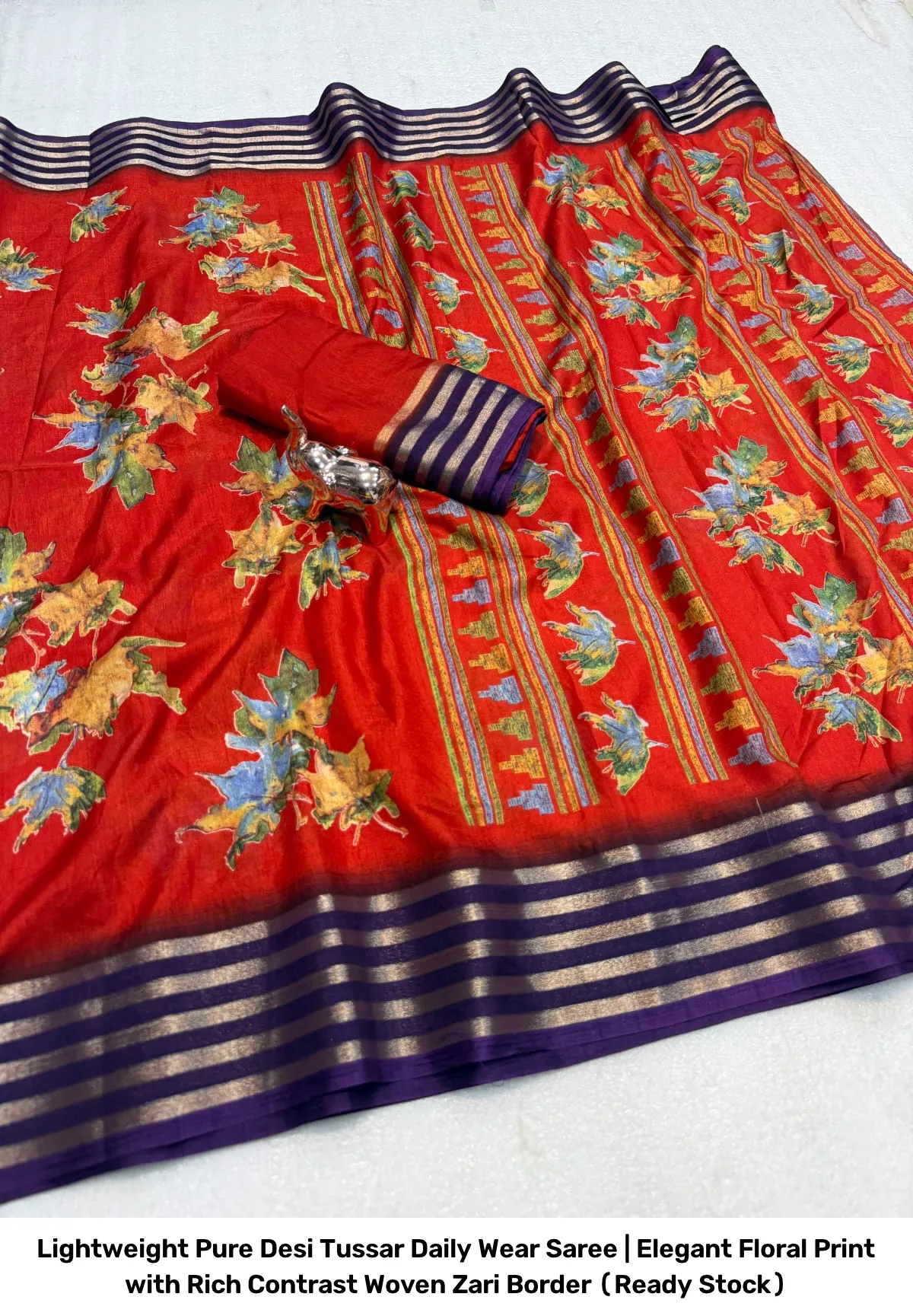 Lightweight Pure Desi Tussar Daily Wear Saree | Elegant Floral Print with Rich Contrast Woven Zari Border (Ready Stock) 8