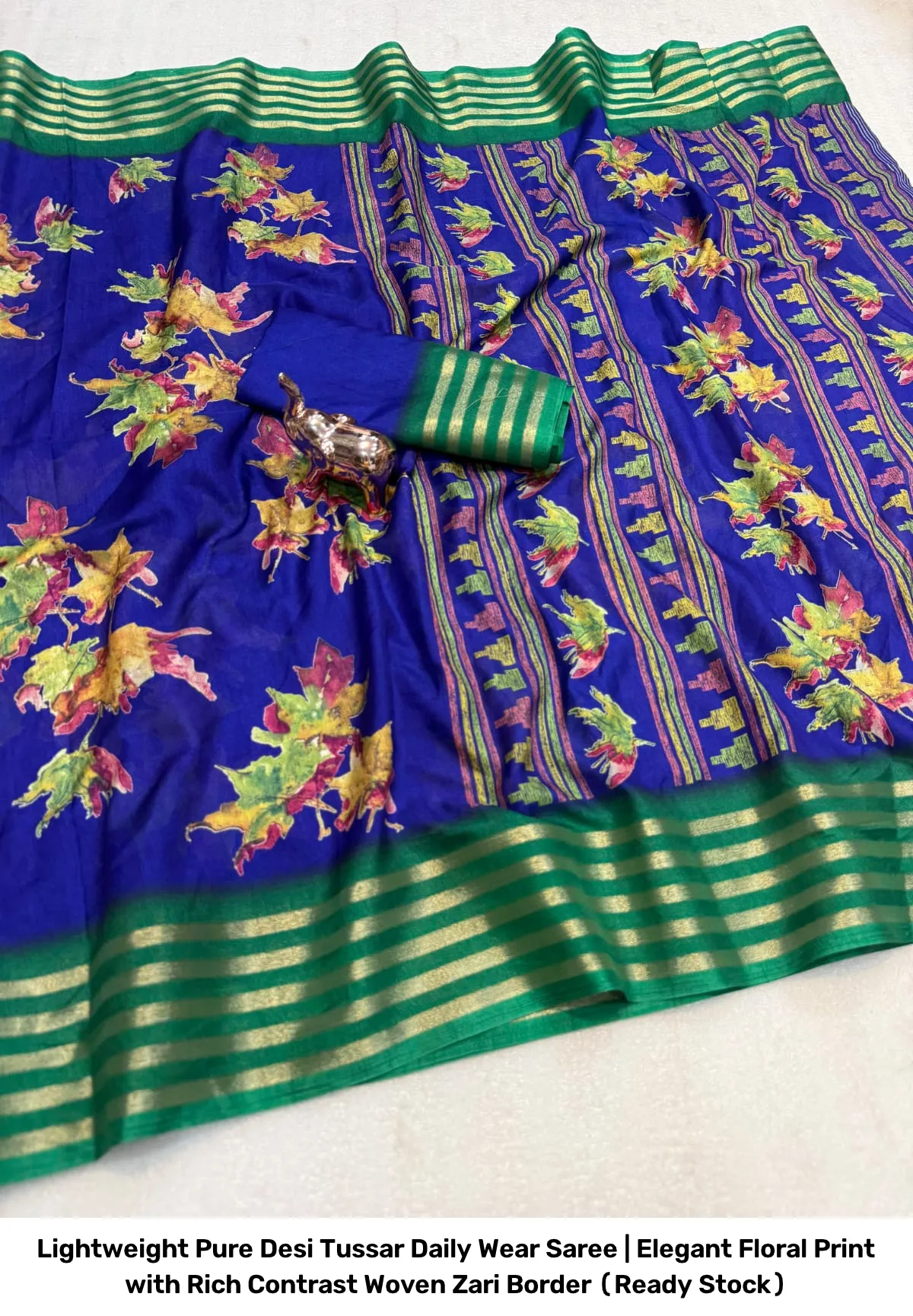 Lightweight Pure Desi Tussar Daily Wear Saree | Elegant Floral Print with Rich Contrast Woven Zari Border (Ready Stock) 9
