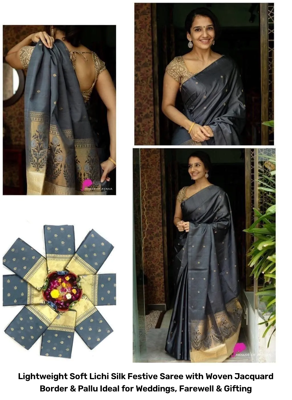 Lightweight Soft Lichi Silk Festive Saree with Woven Jacquard Border & Pallu – Ideal for Weddings, Farewell & Gifting 2
