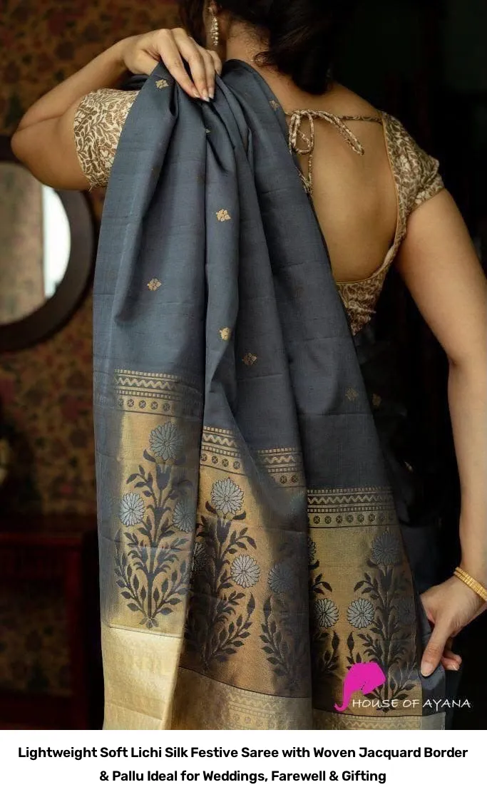 Lightweight Soft Lichi Silk Festive Saree with Woven Jacquard Border & Pallu – Ideal for Weddings, Farewell & Gifting 3