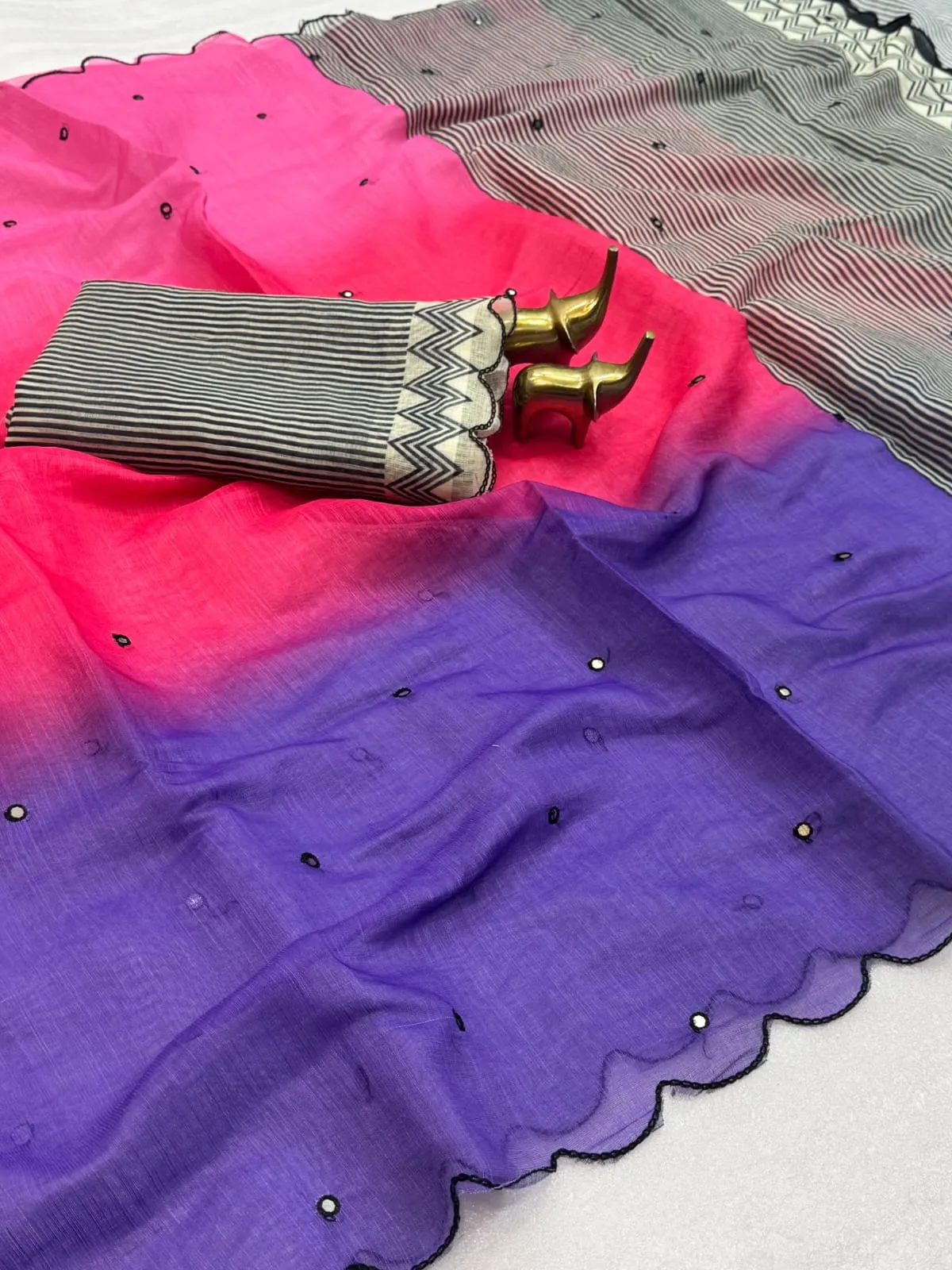 Lightweight Soft Linen Cotton Saree with Foil Mirror Work | Multicolor Ombre Shaded Saree with Embroidered Cut Work Border
