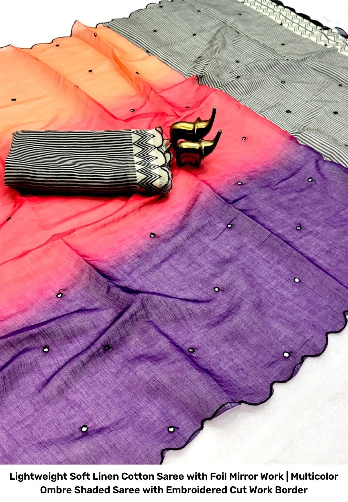 Lightweight Soft Linen Cotton Saree with Foil Mirror Work | Multicolor Ombre Shaded Saree with Embroidered Cut Work Border 10