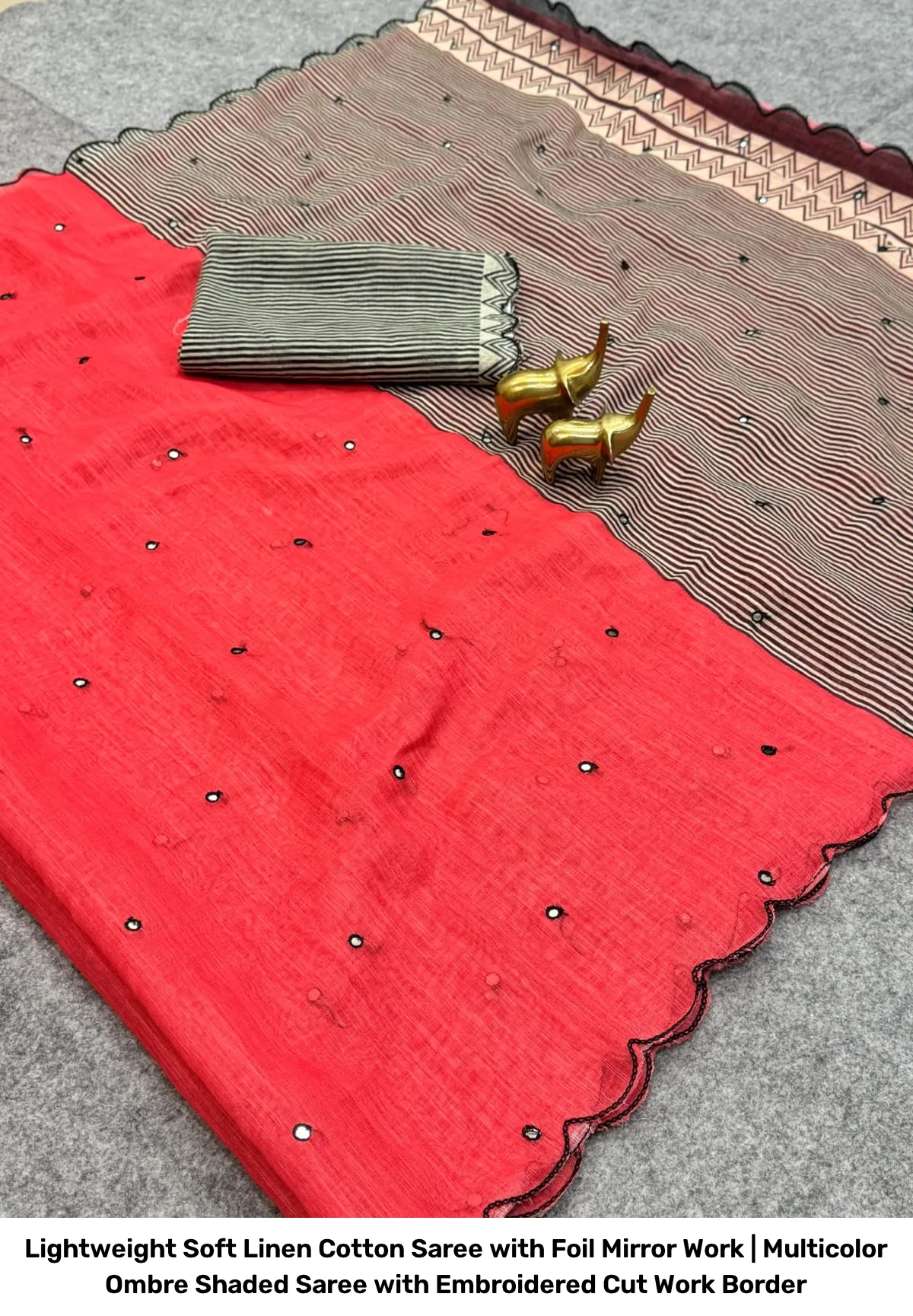 Lightweight Soft Linen Cotton Saree with Foil Mirror Work | Multicolor Ombre Shaded Saree with Embroidered Cut Work Border 11