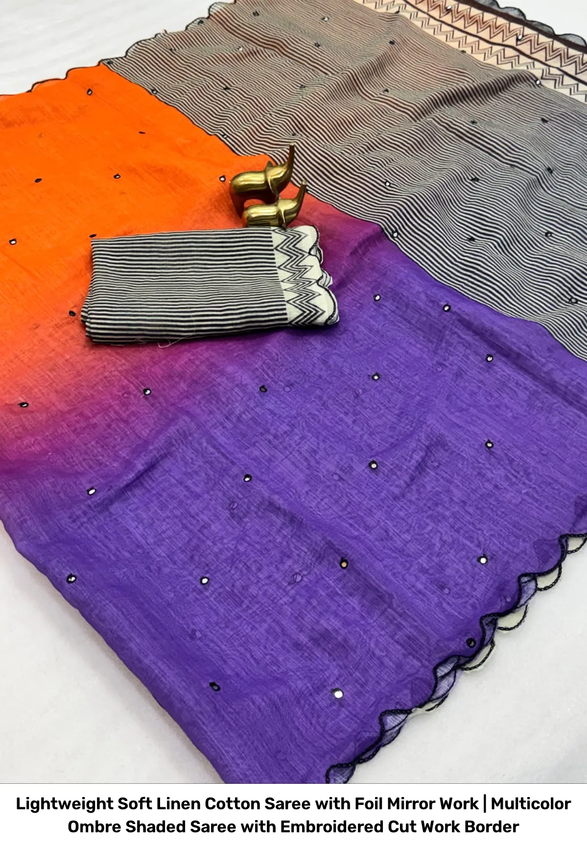 Lightweight Soft Linen Cotton Saree with Foil Mirror Work | Multicolor Ombre Shaded Saree with Embroidered Cut Work Border 12