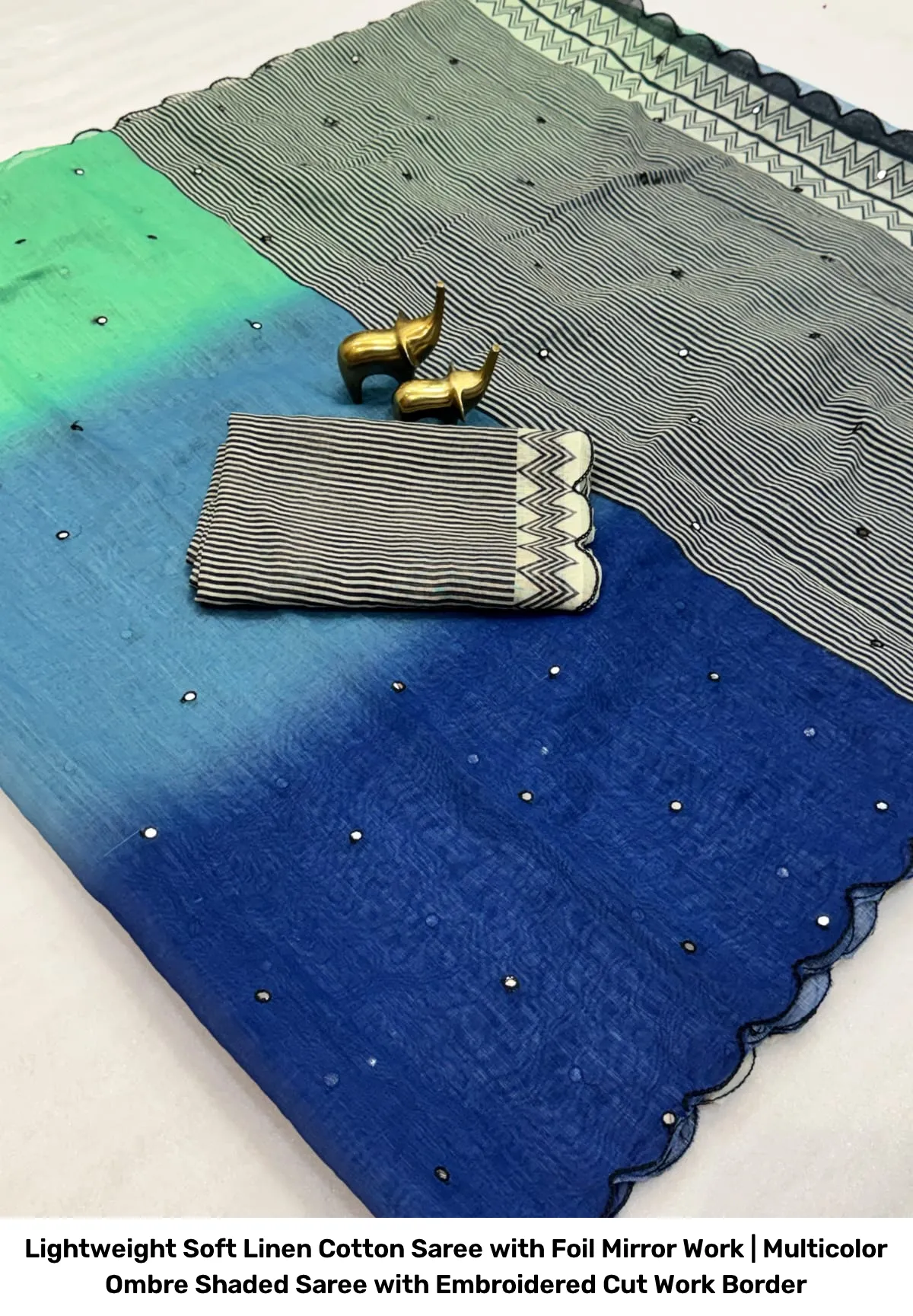 Lightweight Soft Linen Cotton Saree with Foil Mirror Work | Multicolor Ombre Shaded Saree with Embroidered Cut Work Border 13