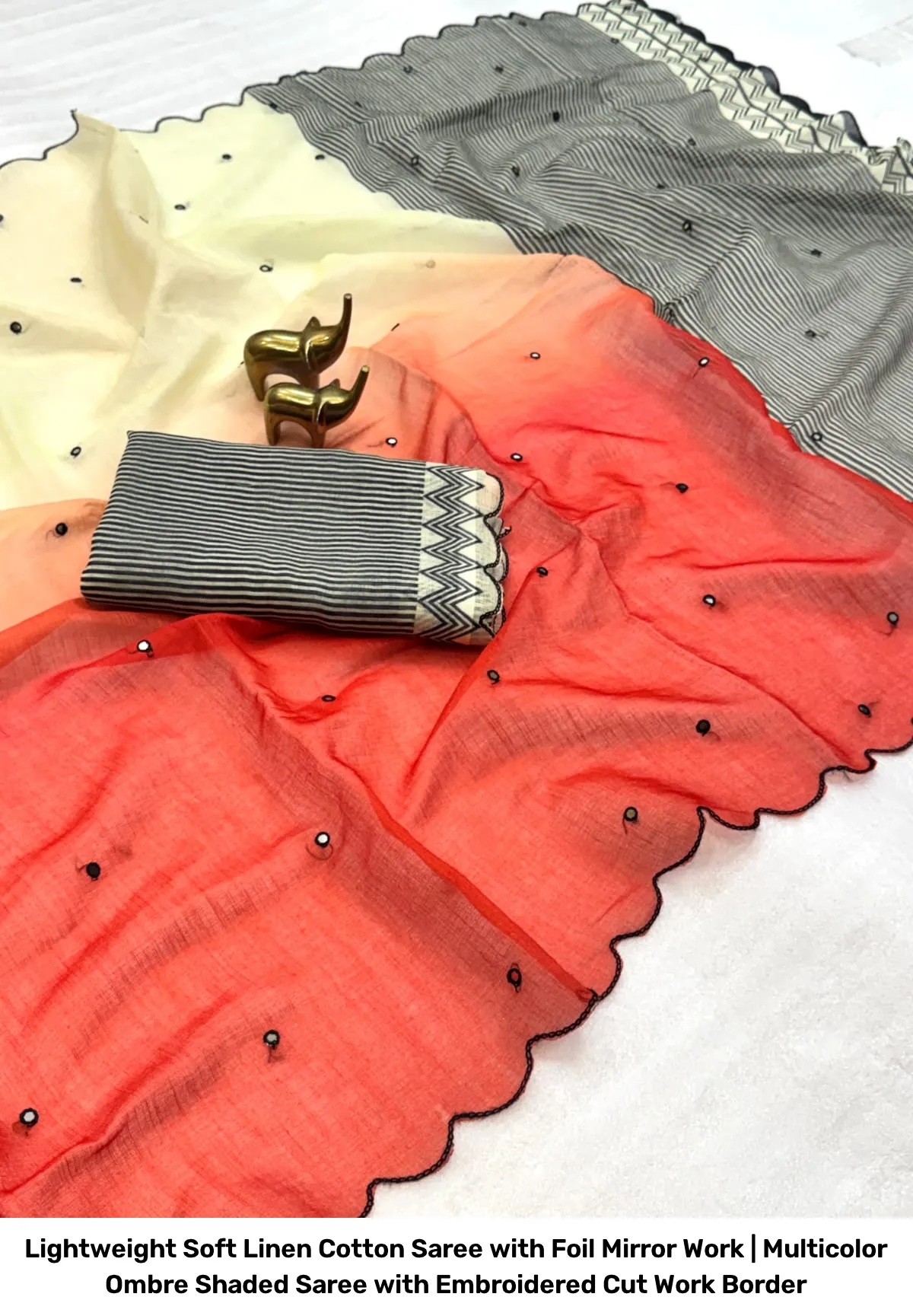 Lightweight Soft Linen Cotton Saree with Foil Mirror Work | Multicolor Ombre Shaded Saree with Embroidered Cut Work Border 14