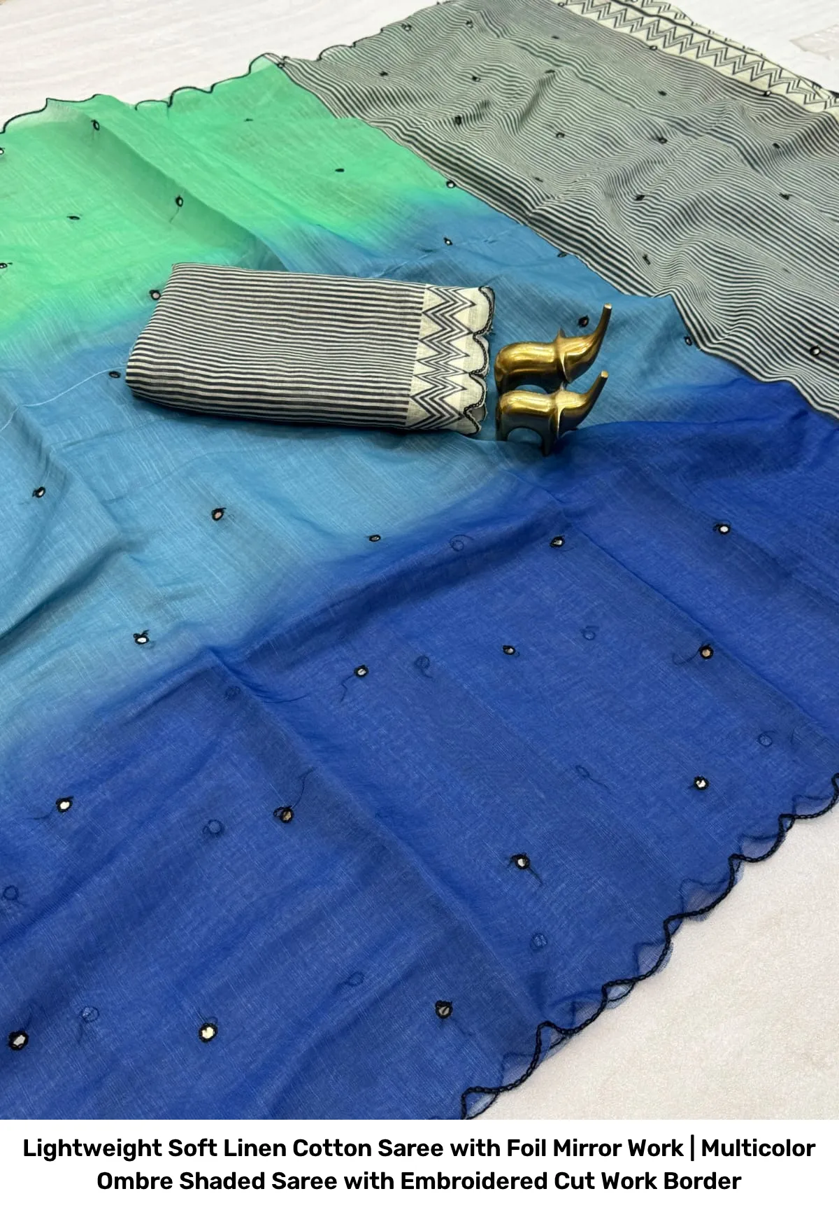 Lightweight Soft Linen Cotton Saree with Foil Mirror Work | Multicolor Ombre Shaded Saree with Embroidered Cut Work Border 15