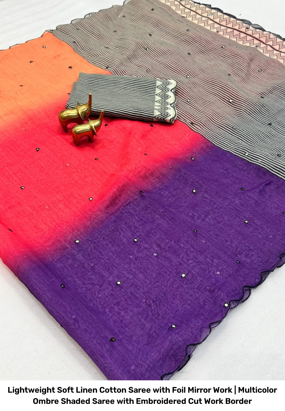 Lightweight Soft Linen Cotton Saree with Foil Mirror Work | Multicolor Ombre Shaded Saree with Embroidered Cut Work Border 16