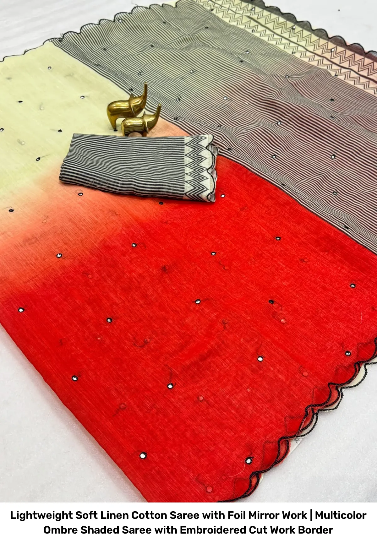 Lightweight Soft Linen Cotton Saree with Foil Mirror Work | Multicolor Ombre Shaded Saree with Embroidered Cut Work Border 17
