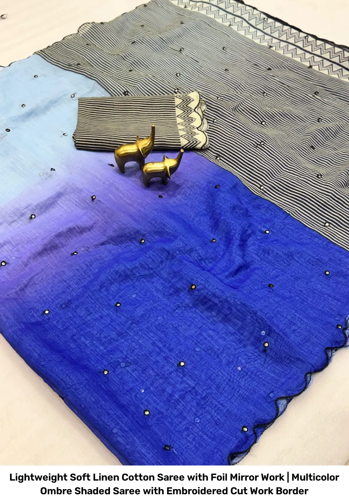 Lightweight Soft Linen Cotton Saree with Foil Mirror Work | Multicolor Ombre Shaded Saree with Embroidered Cut Work Border 18