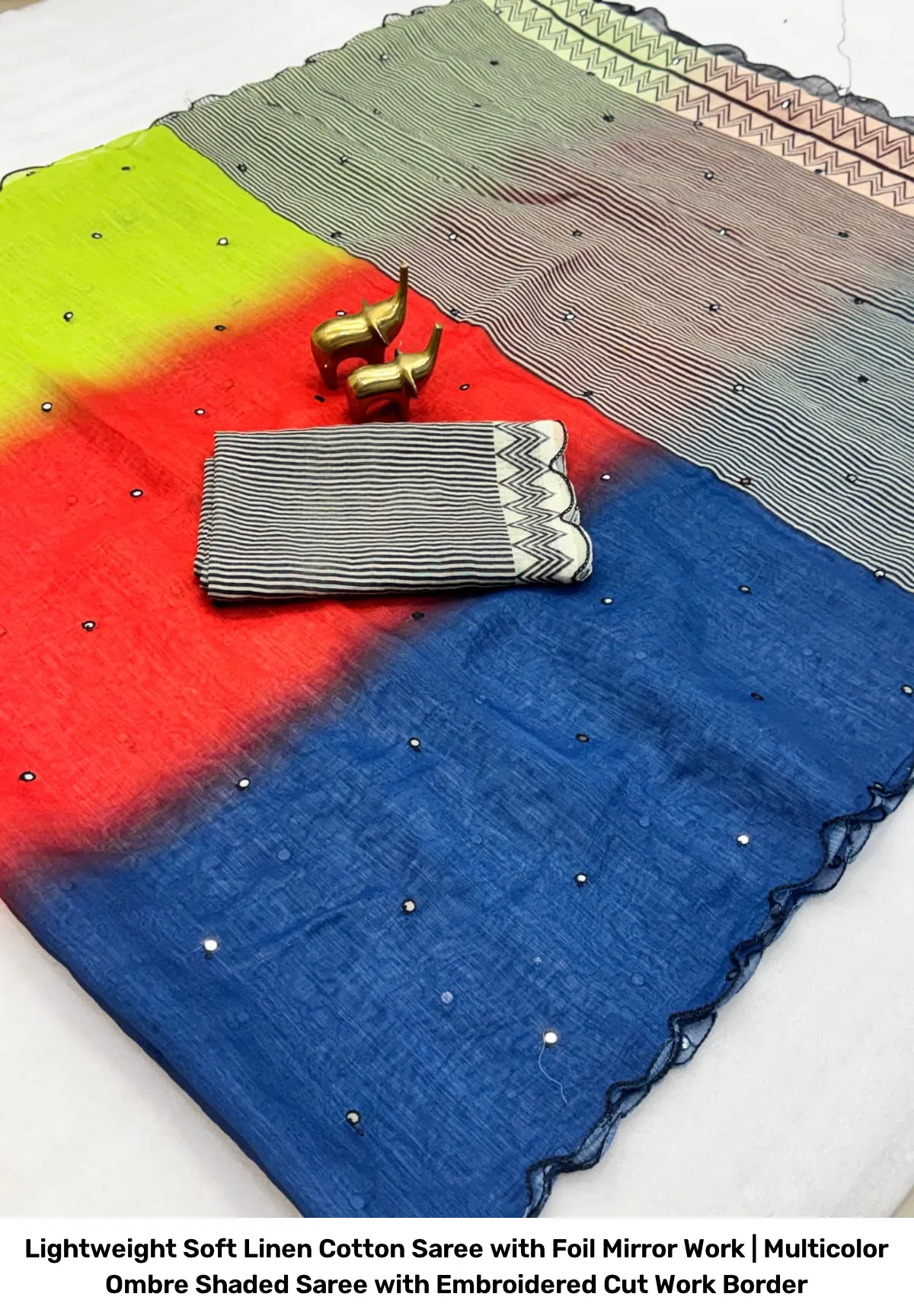 Lightweight Soft Linen Cotton Saree with Foil Mirror Work | Multicolor Ombre Shaded Saree with Embroidered Cut Work Border 19