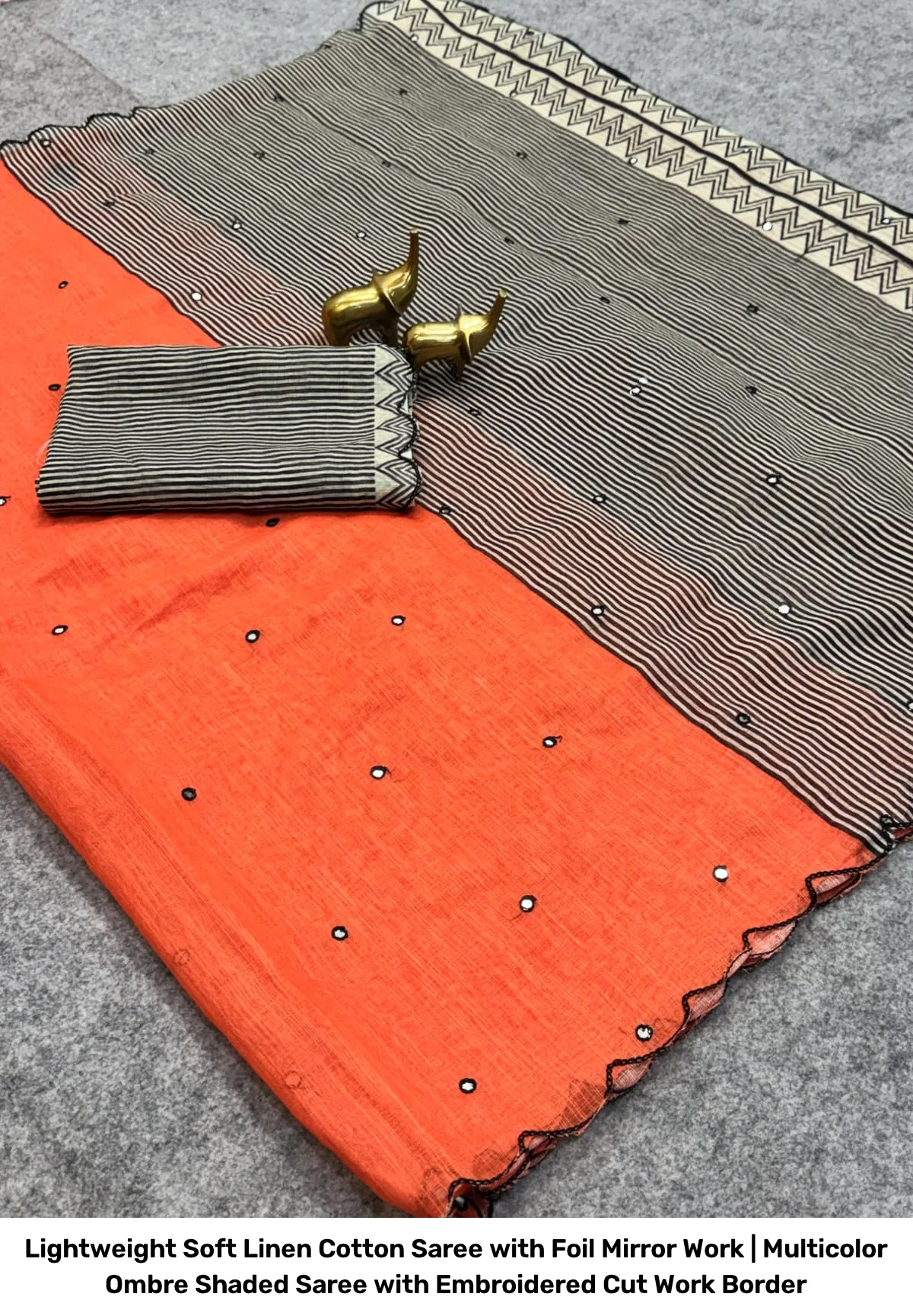 Lightweight Soft Linen Cotton Saree with Foil Mirror Work | Multicolor Ombre Shaded Saree with Embroidered Cut Work Border 2