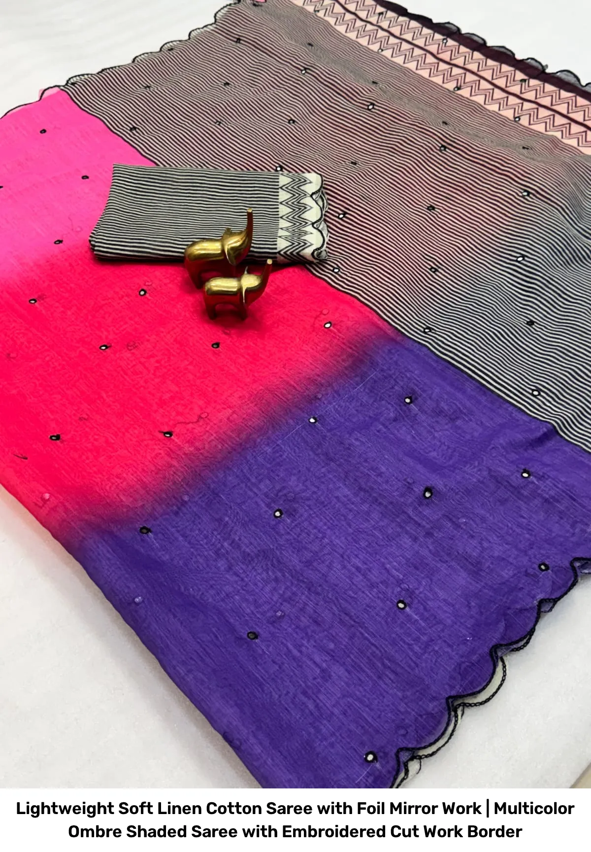 Lightweight Soft Linen Cotton Saree with Foil Mirror Work | Multicolor Ombre Shaded Saree with Embroidered Cut Work Border 3