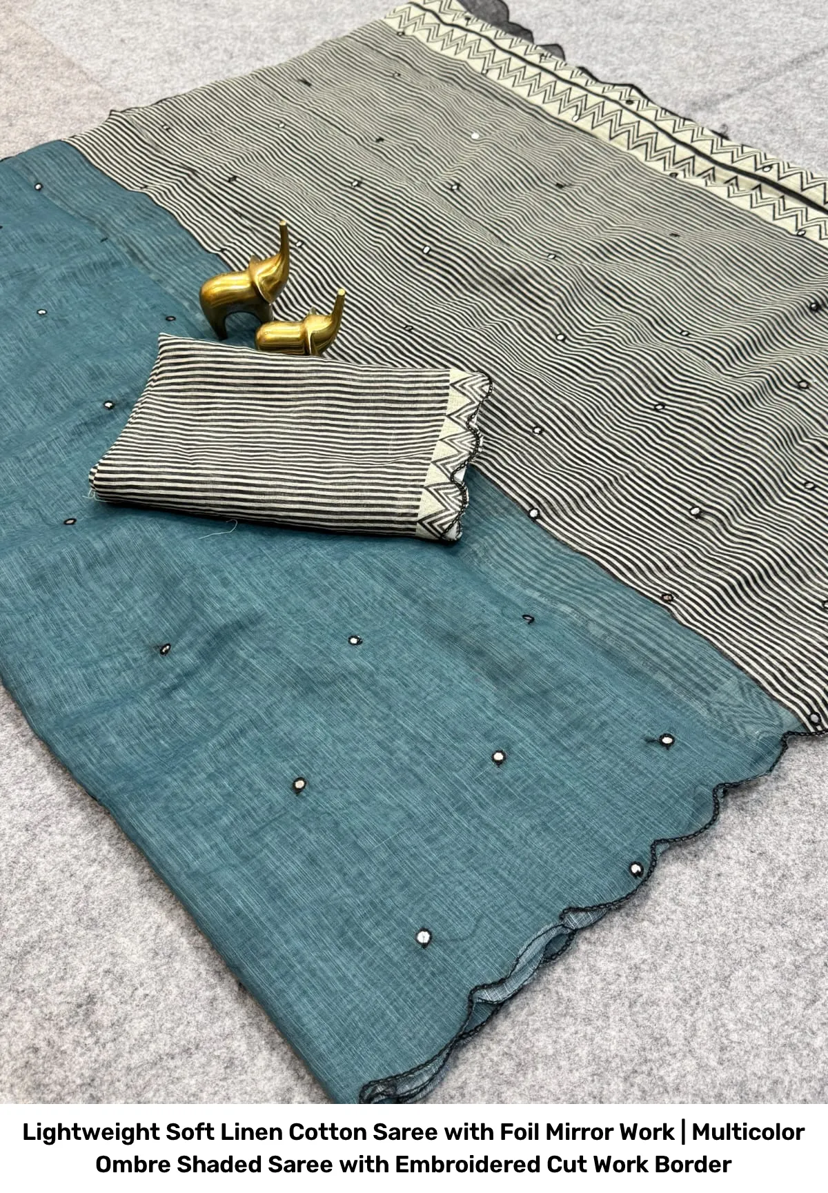 Lightweight Soft Linen Cotton Saree with Foil Mirror Work | Multicolor Ombre Shaded Saree with Embroidered Cut Work Border 6