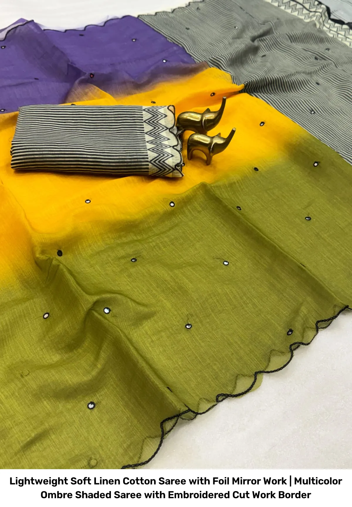 Lightweight Soft Linen Cotton Saree with Foil Mirror Work | Multicolor Ombre Shaded Saree with Embroidered Cut Work Border 9