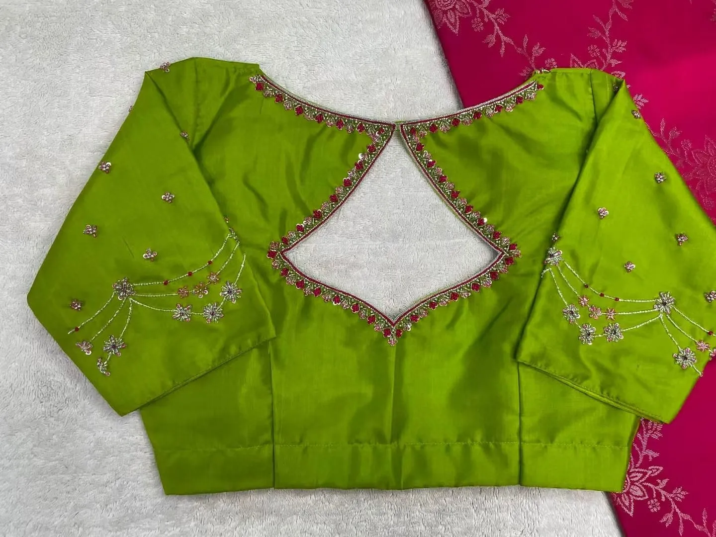 Lime Green Designer Maggam Work Blouse | Geometric Cutout Back & Hand-Embroidered Saree Blouse 1