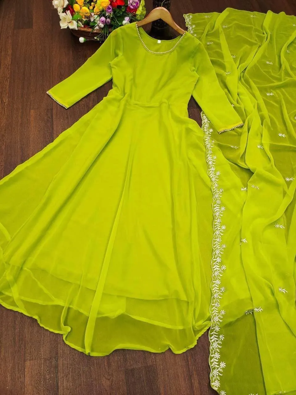 Lime Green Flared Georgette Gown & Embroidered Dupatta