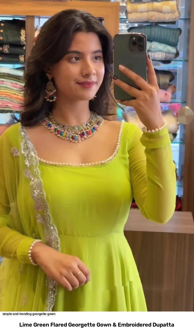 Lime Green Flared Georgette Gown & Embroidered Dupatta 2