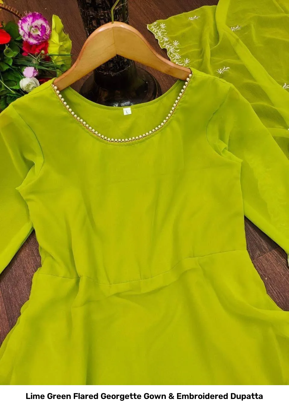 Lime Green Flared Georgette Gown & Embroidered Dupatta 3