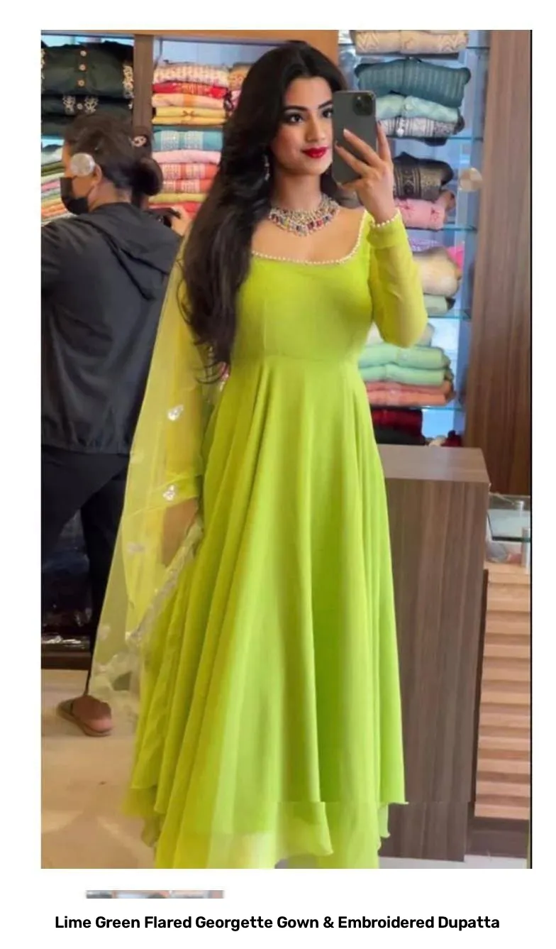 Lime Green Flared Georgette Gown & Embroidered Dupatta 4