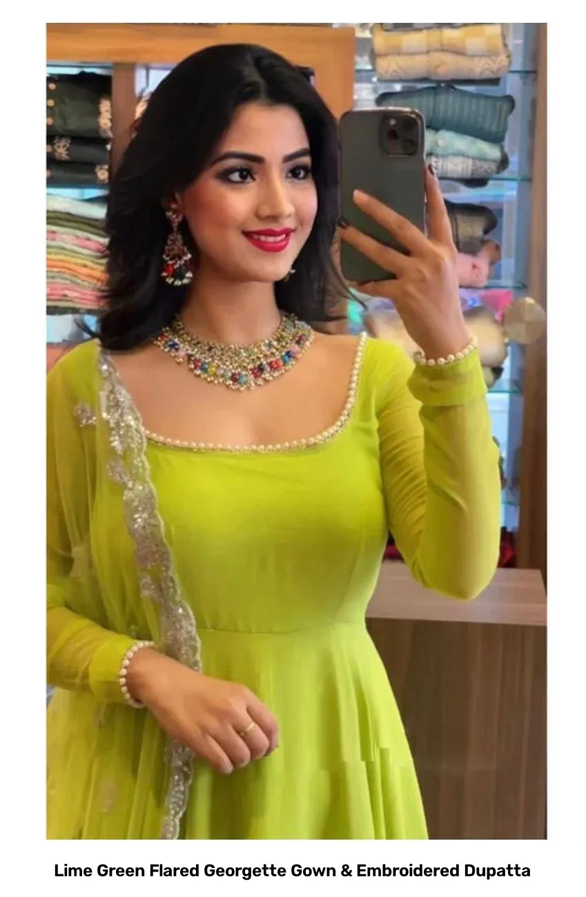 Lime Green Flared Georgette Gown & Embroidered Dupatta 5