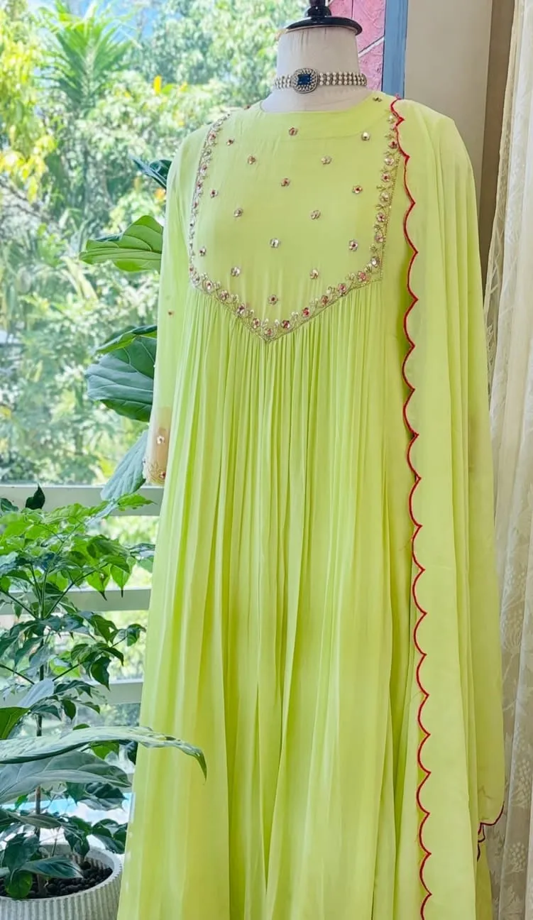 Lime Green Pleated Georgette Anarkali Suit Set – V-Yoke Hand Embroidered Kurta with Red Contrast Scalloped Dupatta