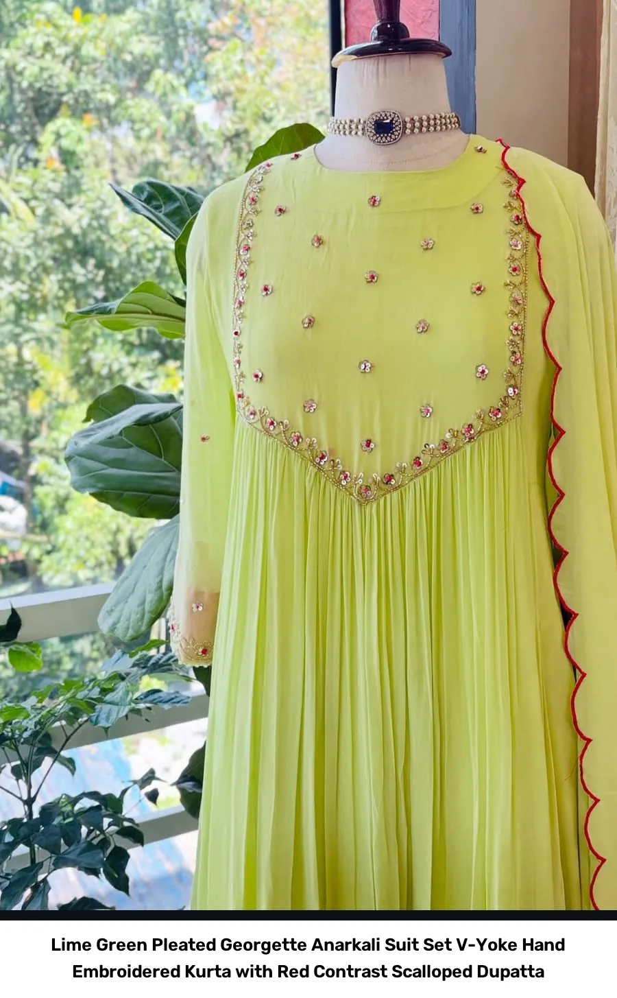 Lime Green Pleated Georgette Anarkali Suit Set – V-Yoke Hand Embroidered Kurta with Red Contrast Scalloped Dupatta 2