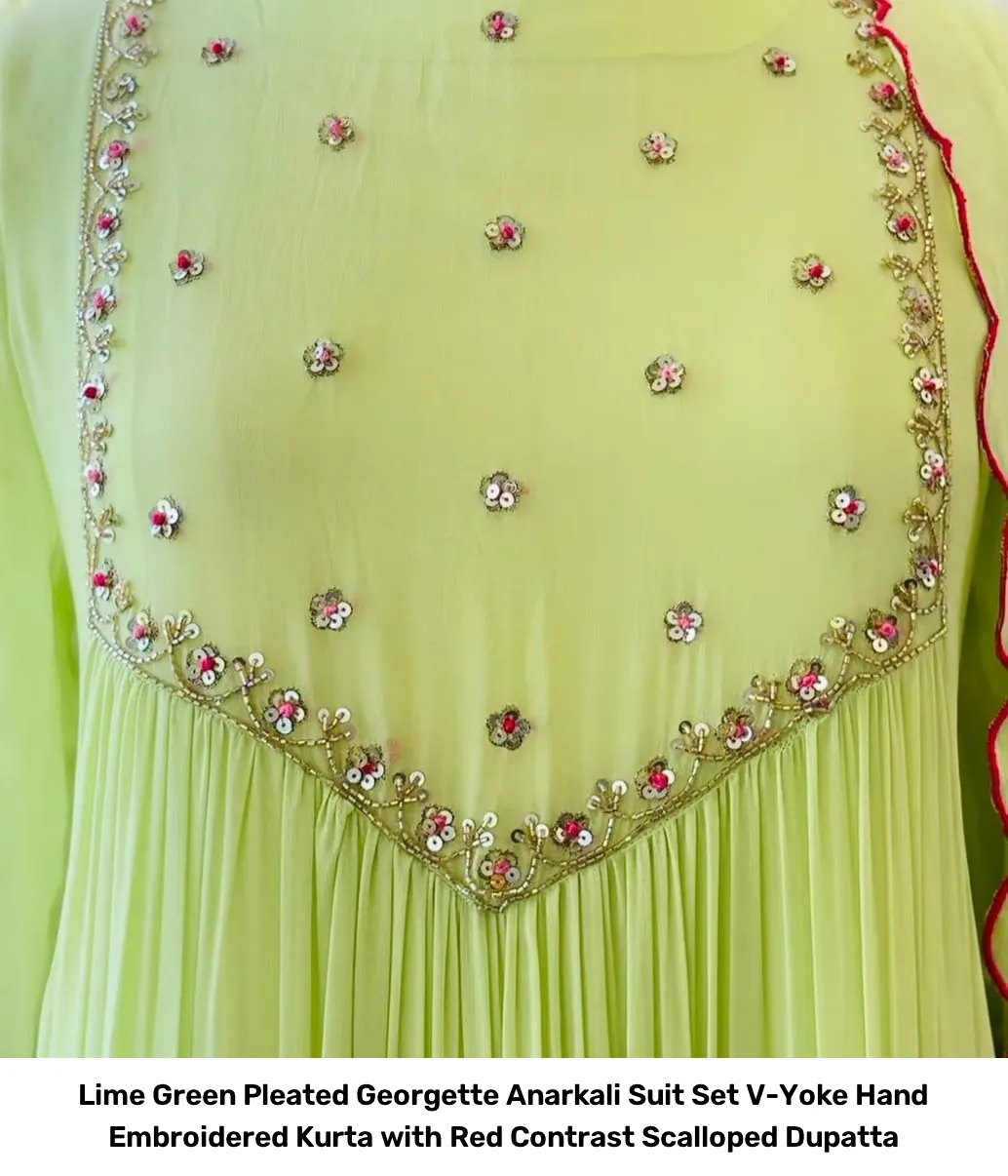 Lime Green Pleated Georgette Anarkali Suit Set – V-Yoke Hand Embroidered Kurta with Red Contrast Scalloped Dupatta 3
