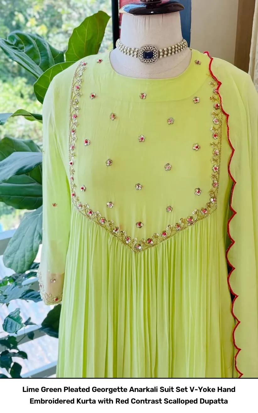 Lime Green Pleated Georgette Anarkali Suit Set – V-Yoke Hand Embroidered Kurta with Red Contrast Scalloped Dupatta 4