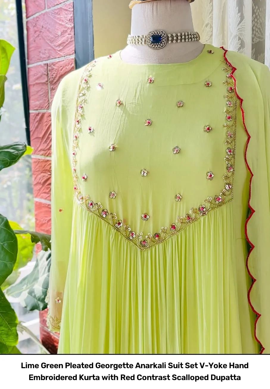Lime Green Pleated Georgette Anarkali Suit Set – V-Yoke Hand Embroidered Kurta with Red Contrast Scalloped Dupatta 5