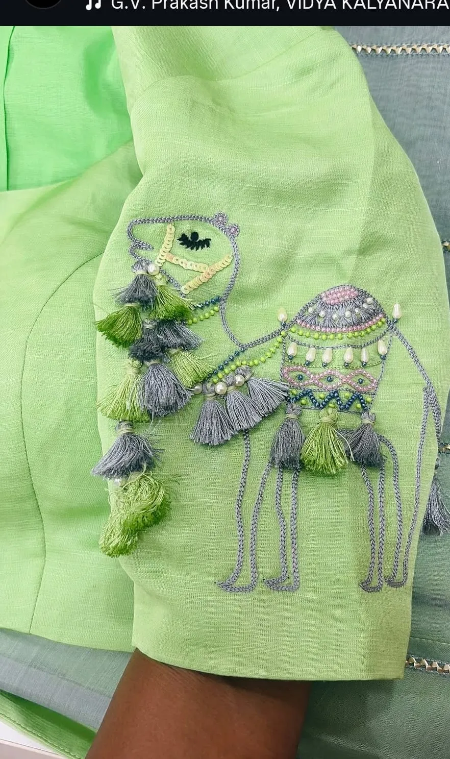 Lime Green Raw Silk Blouse - Tassel Sleeve Back Zip Designer Saree Blouse