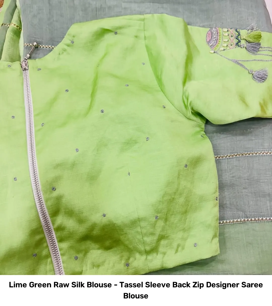 Lime Green Raw Silk Blouse - Tassel Sleeve Back Zip Designer Saree Blouse 2