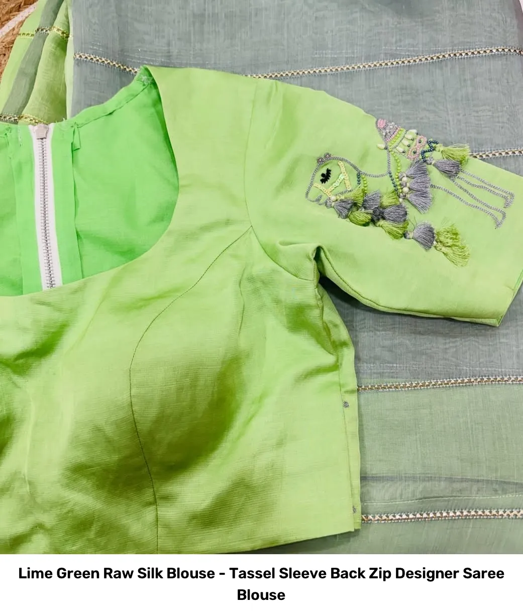 Lime Green Raw Silk Blouse - Tassel Sleeve Back Zip Designer Saree Blouse 3