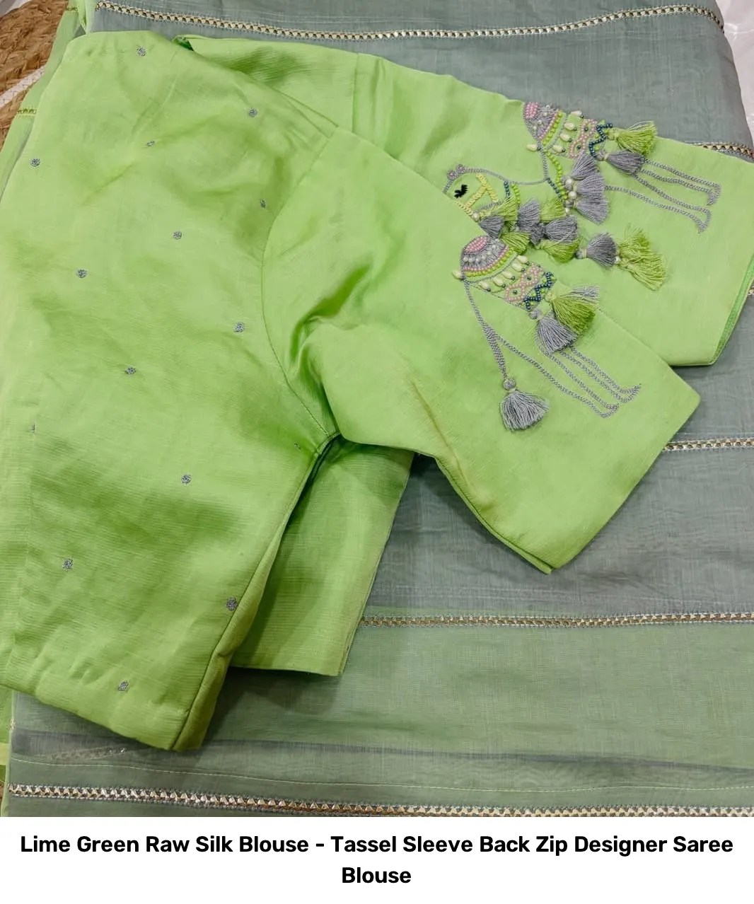 Lime Green Raw Silk Blouse - Tassel Sleeve Back Zip Designer Saree Blouse 5