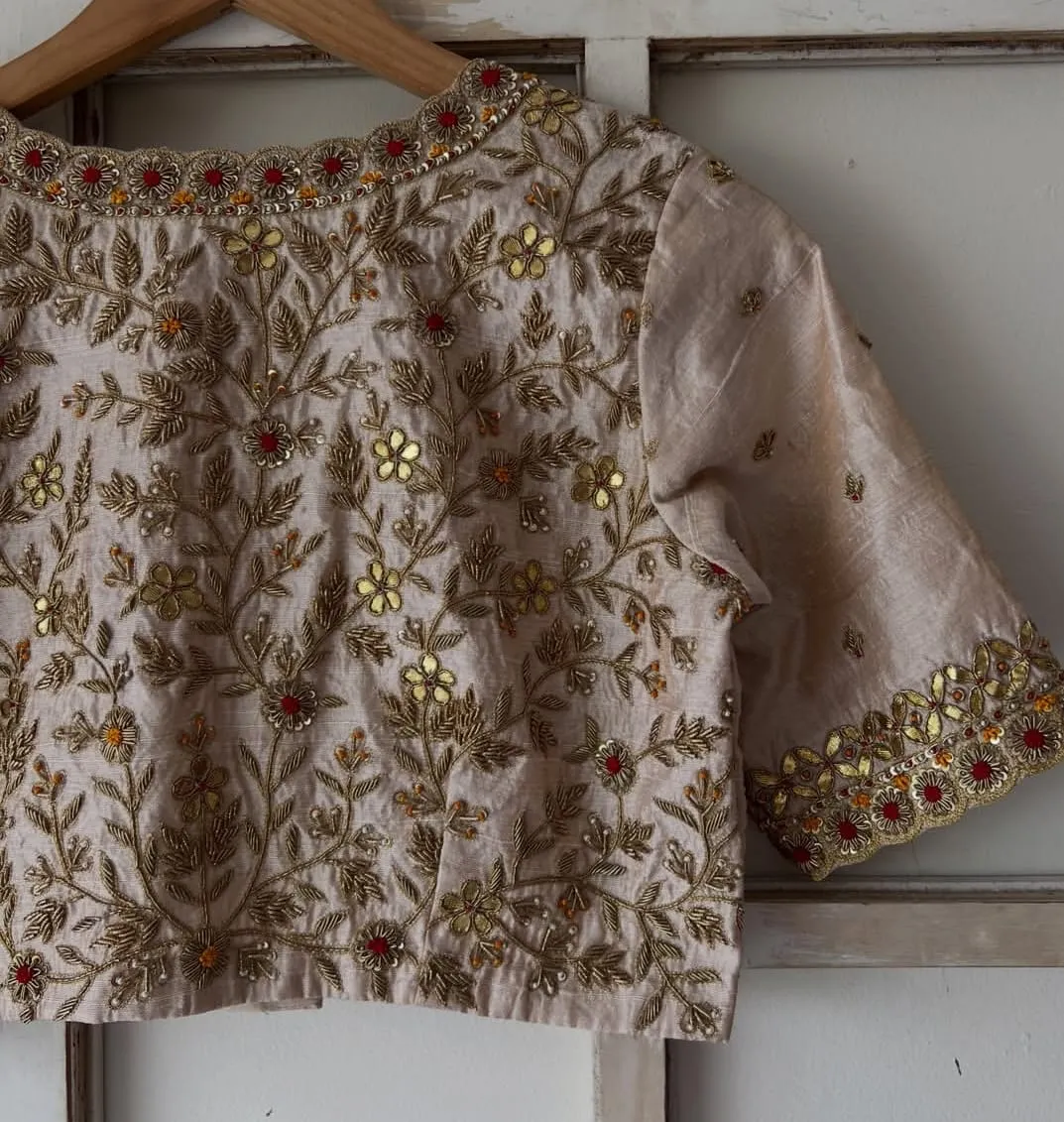 Luxury Champagne Beige Hand Embroidered Silk Saree Blouse | All-Over Floral Zardozi Bridal Choli | Custom Fit Designer Blouse