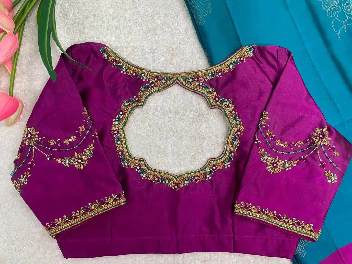 Magenta Designer Maggam Work Blouse | Keyhole Cutout Back & Hand-Embroidered Saree Blouse 1