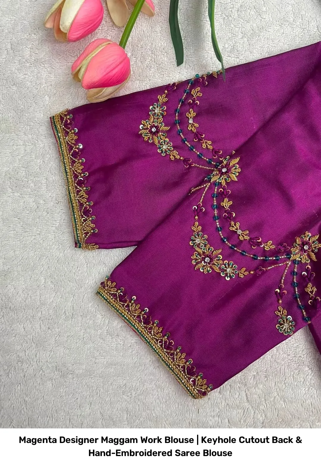 Magenta Designer Maggam Work Blouse | Keyhole Cutout Back & Hand-Embroidered Saree Blouse 2