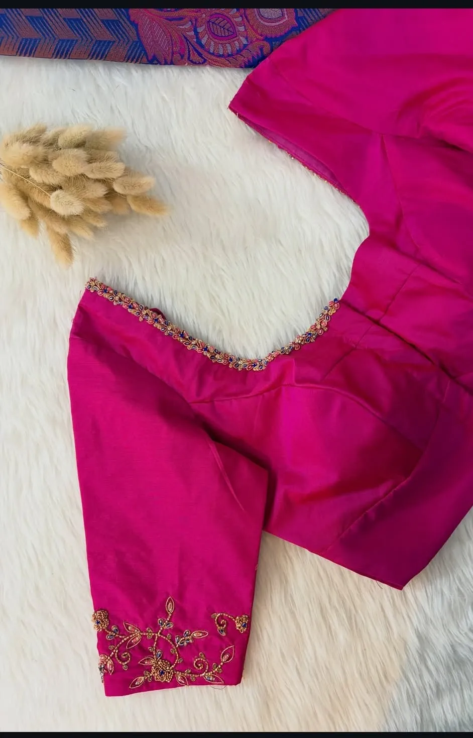 Magenta Pink Aari Work Blouse | Hand Embroidered Silk Saree Blouse with Maggam Floral Sleeves & Neckline