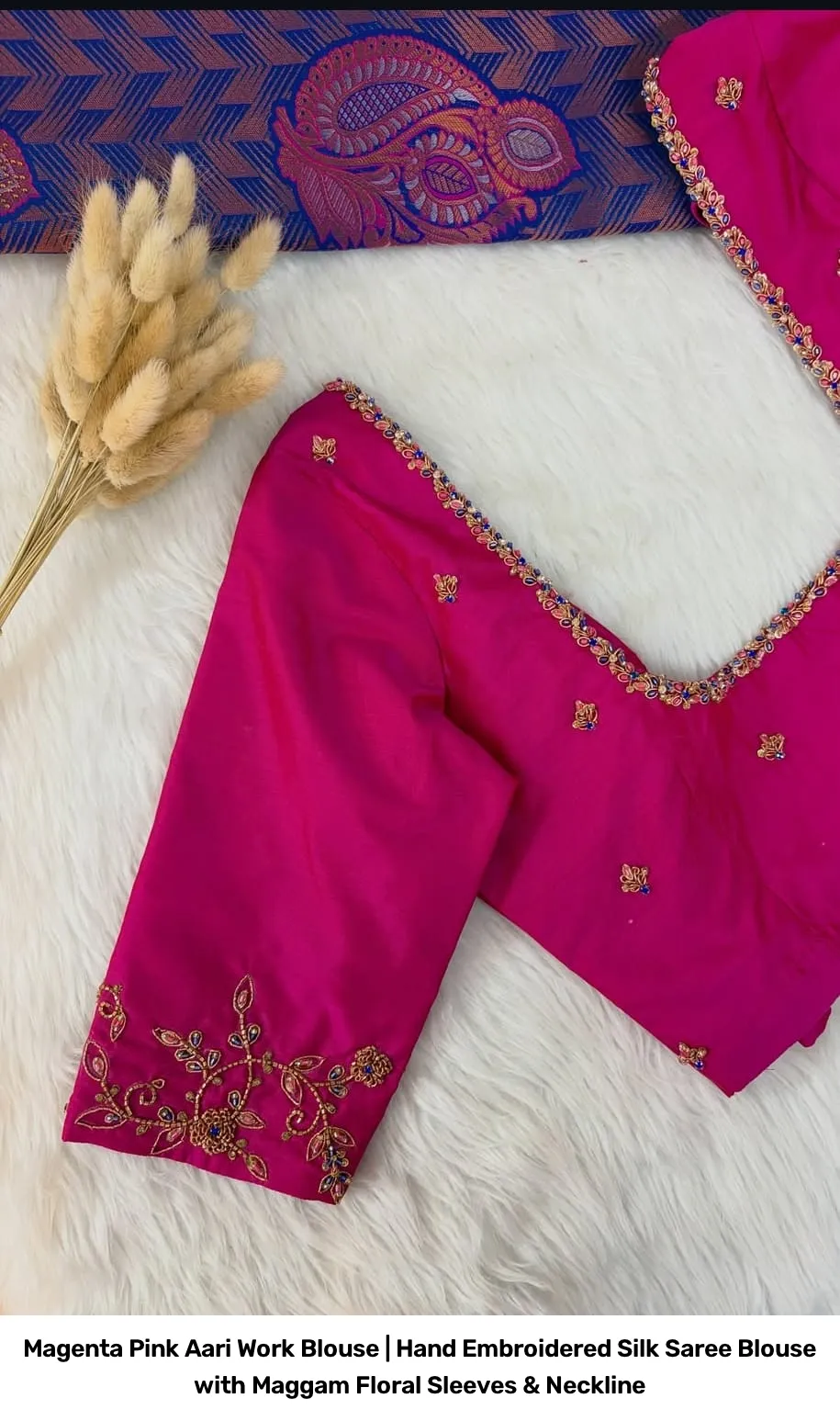 Magenta Pink Aari Work Blouse | Hand Embroidered Silk Saree Blouse with Maggam Floral Sleeves & Neckline 2