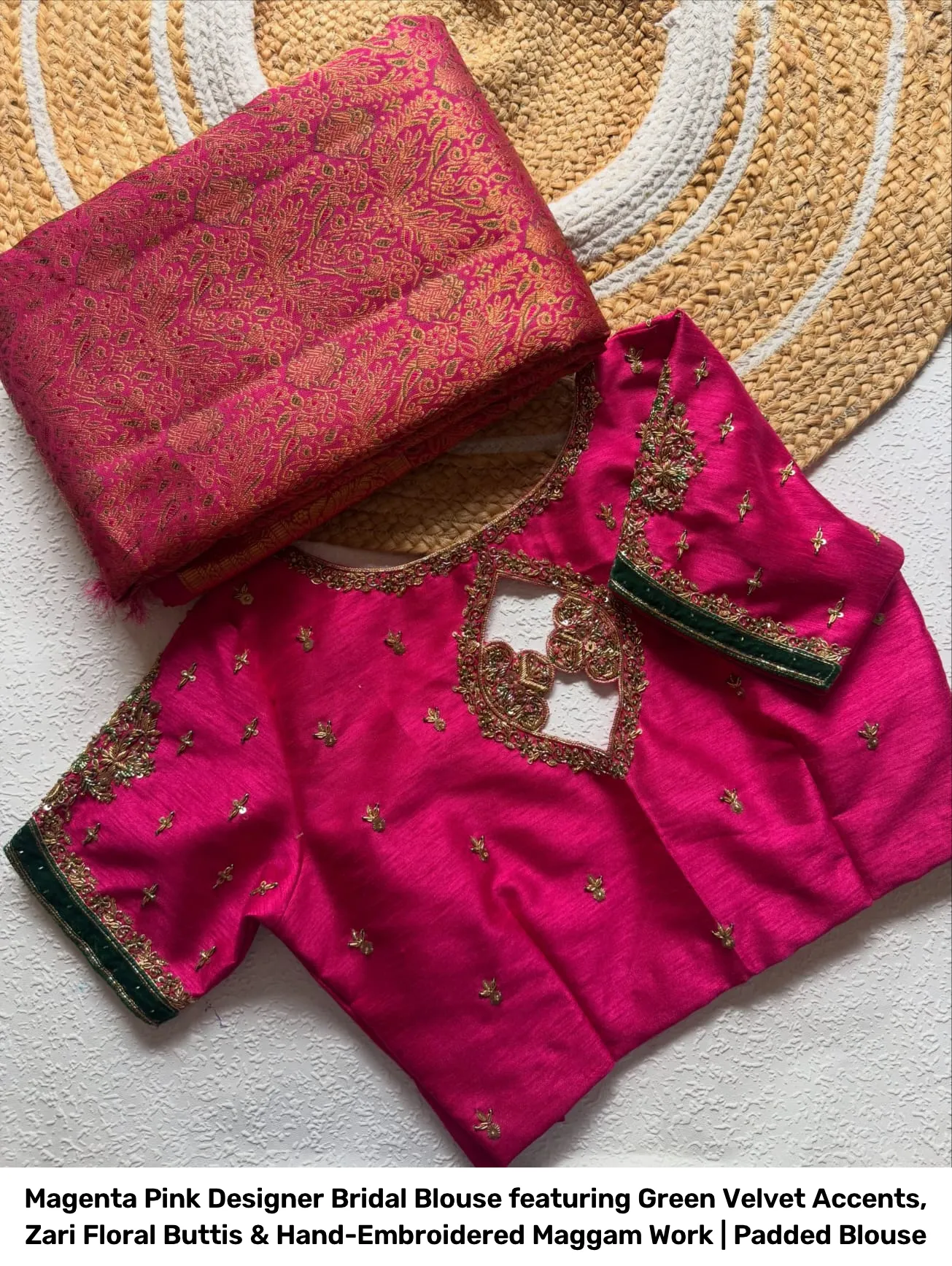 Magenta Pink Designer Bridal Blouse featuring Green Velvet Accents, Zari Floral Buttis & Hand-Embroidered Maggam Work | Padded Blouse 2