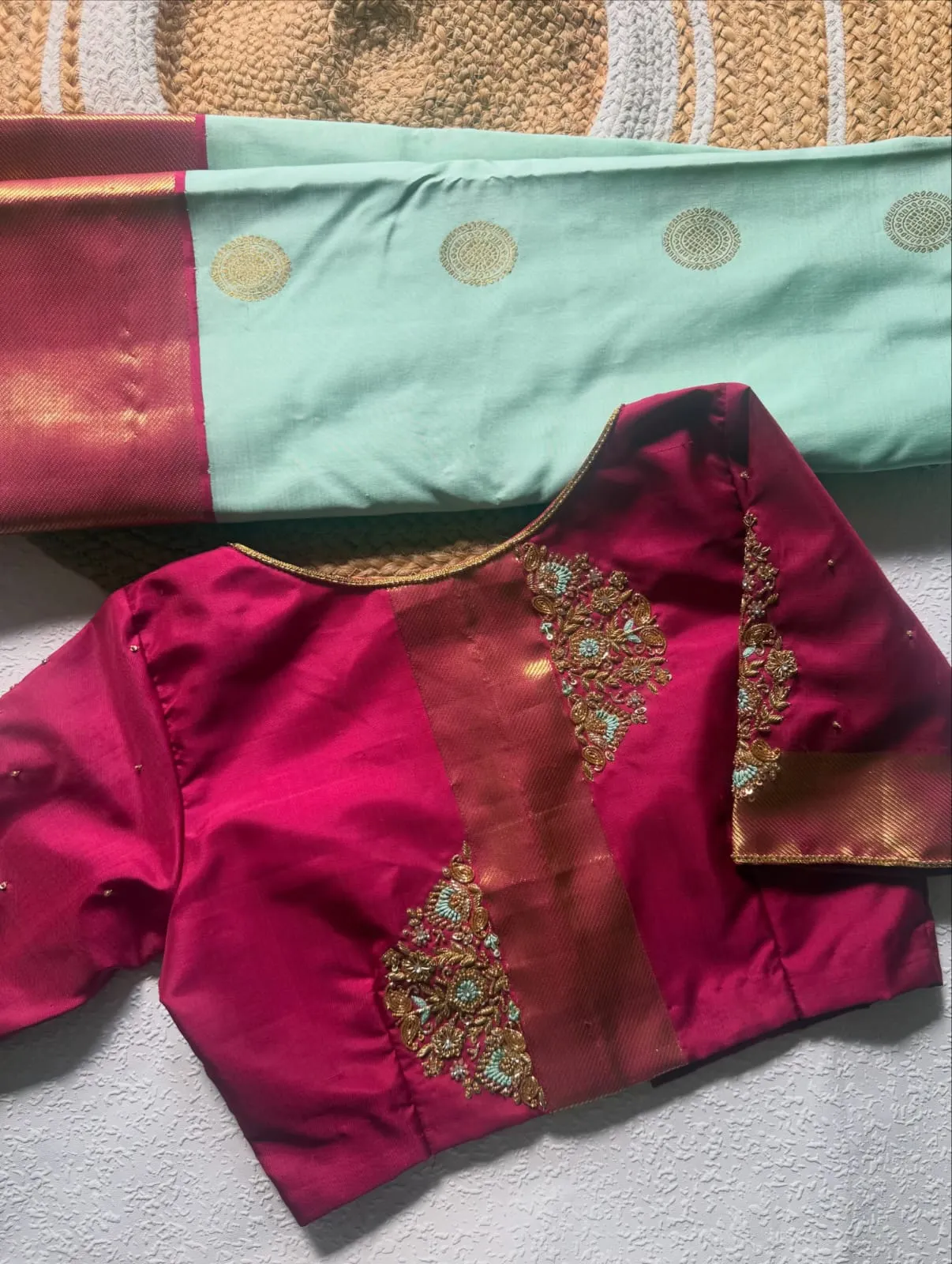 Magenta Pink Indian Silk Bridal Blouse | Hand Embroidered Contrast Zardozi Work with Golden Zari Back Panel | Custom Stitched Sari Crop Top