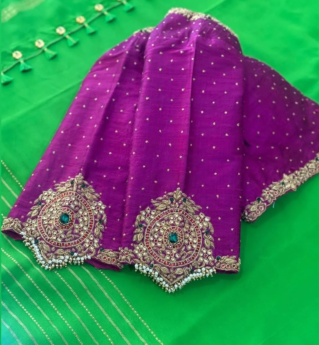 Magenta Purple Silk Maggam Work Blouse | Kundan Medallion & Pearl Cutwork Bridal Saree Blouse