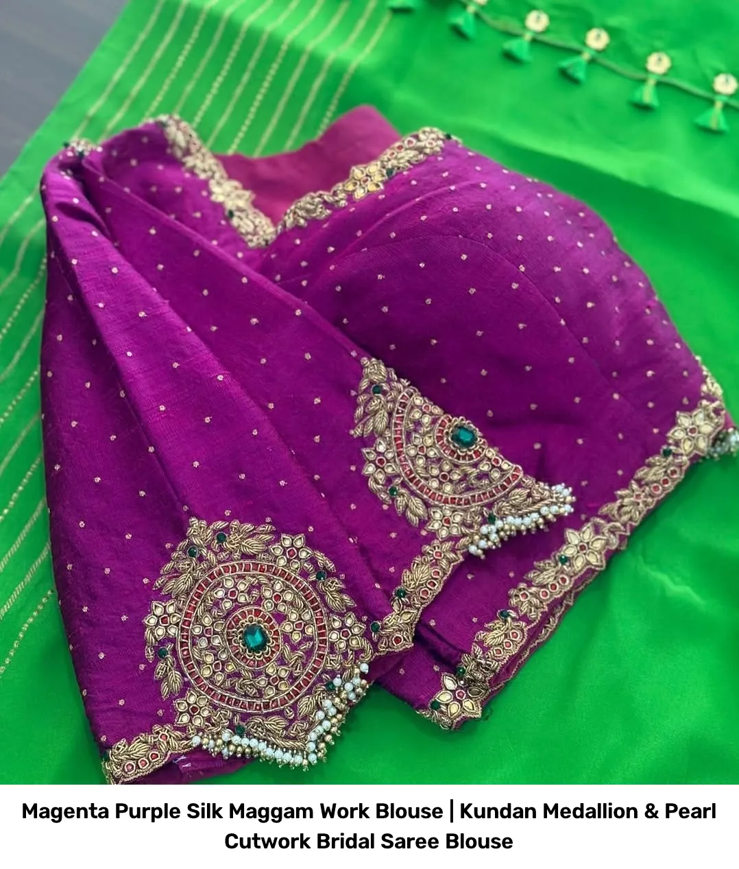 Magenta Purple Silk Maggam Work Blouse | Kundan Medallion & Pearl Cutwork Bridal Saree Blouse 2