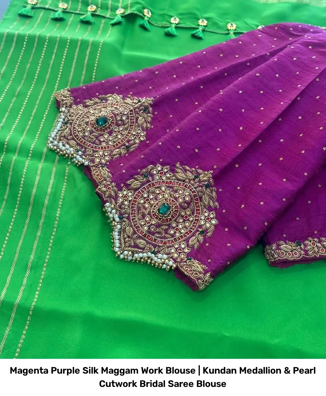 Magenta Purple Silk Maggam Work Blouse | Kundan Medallion & Pearl Cutwork Bridal Saree Blouse 3