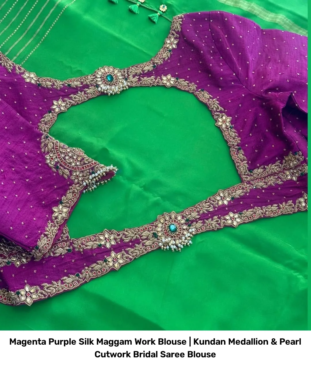 Magenta Purple Silk Maggam Work Blouse | Kundan Medallion & Pearl Cutwork Bridal Saree Blouse 4