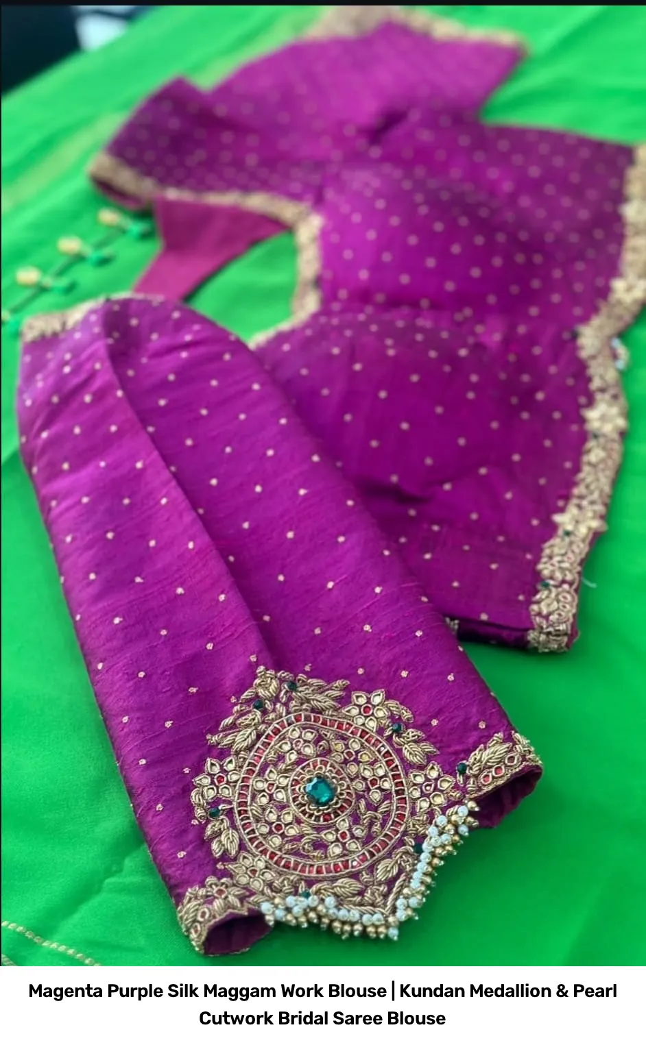 Magenta Purple Silk Maggam Work Blouse | Kundan Medallion & Pearl Cutwork Bridal Saree Blouse 5